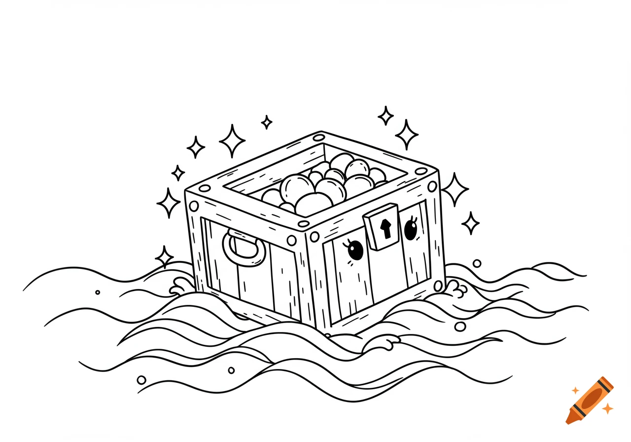 A simple black and white line drawing of a cute treasure chest with a face, floating in the ocean with waves and sparkles.