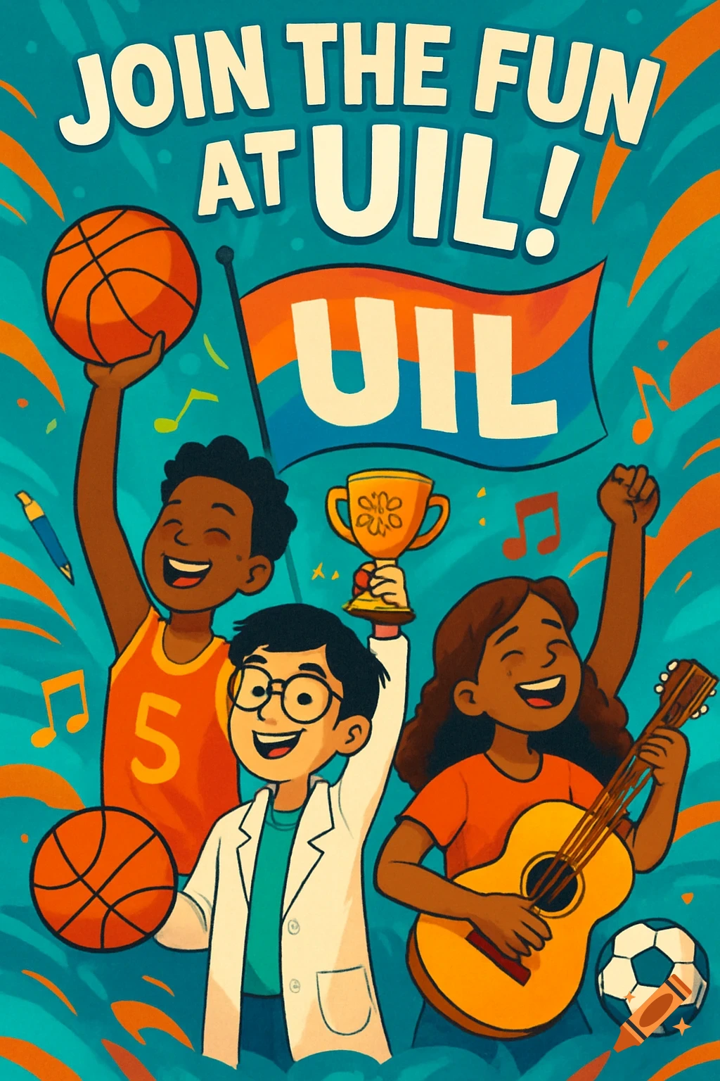 Three smiling diverse students celebrating with a basketball, trophy, guitar, and soccer ball under a banner that says 'UIL'. Cartoon style.