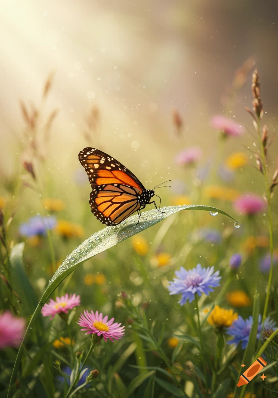 A monarch butterfly rests on a dew-covered leaf amidst a sunlit field of colorful wildflowers.