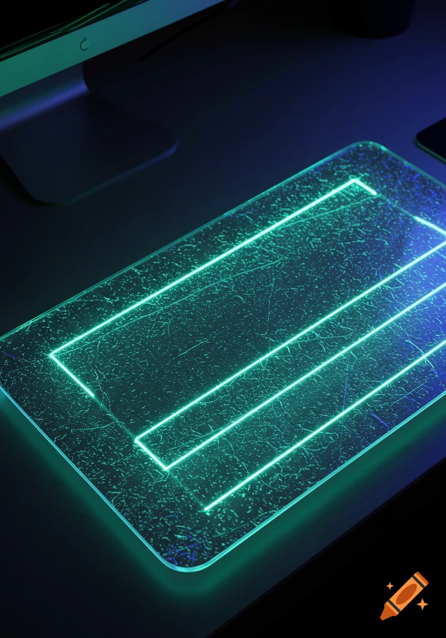 A transparent mouse pad with glowing neon green lines and a textured surface, next to a computer monitor in a dark setting.