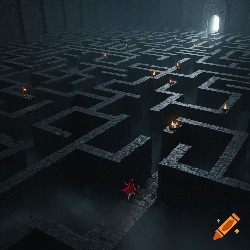 A small figure in a red cloak runs through a dark, misty stone maze lit by torches, with a bright light in the distance.