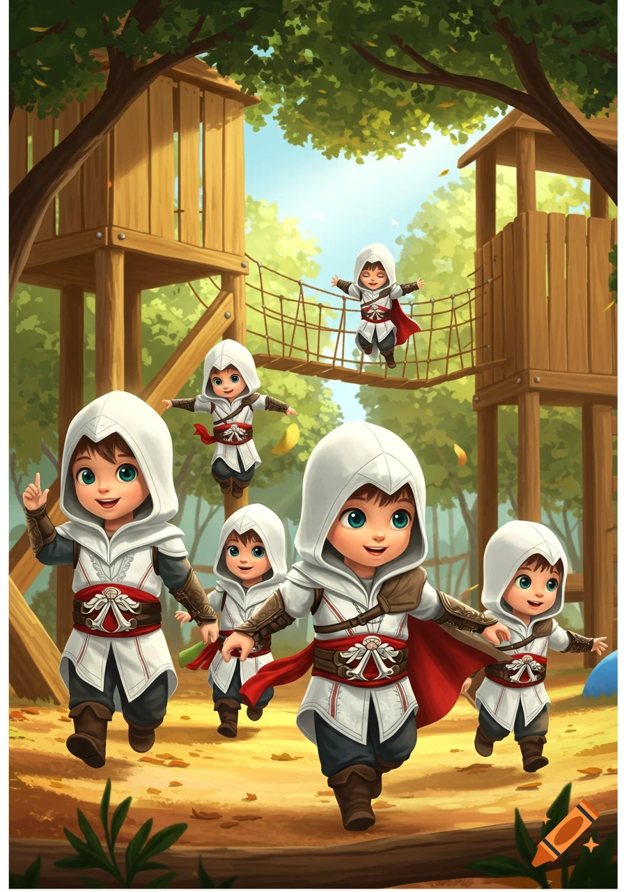 A group of cute, cartoon preschoolers dressed as Assassin's Creed characters playing on a treehouse playground.