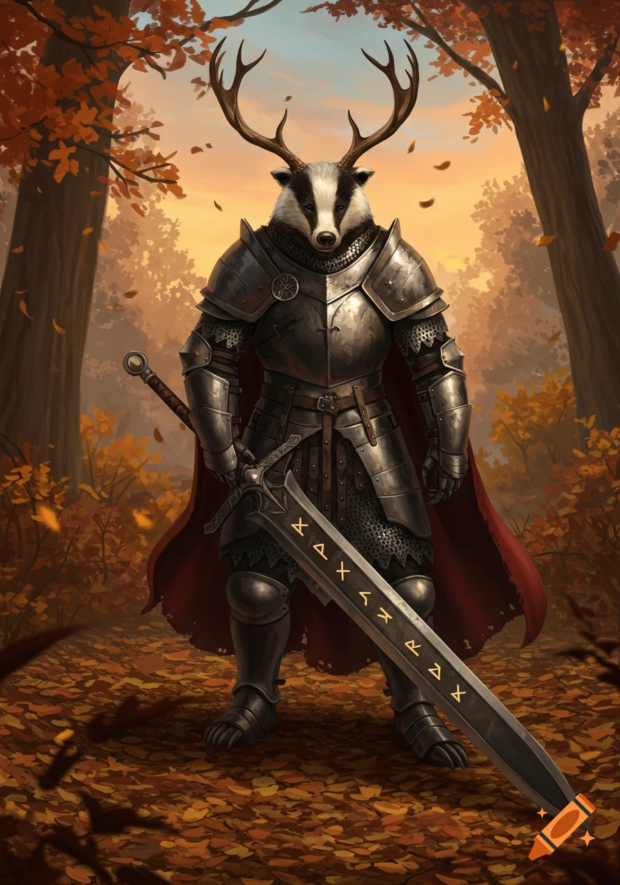 A humanoid badger with deer antlers in full plate armor and a red cape stands in an autumn forest, holding a large claymore.