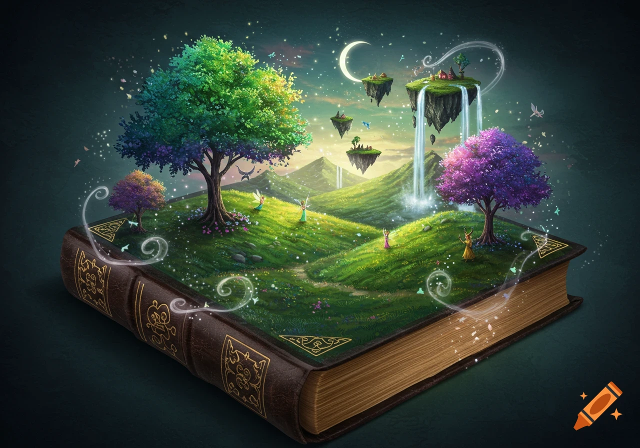 A magical fantasy world emerging from an open book with lush green landscapes, floating islands, waterfalls, fairies, and a crescent moon in a starry sky.