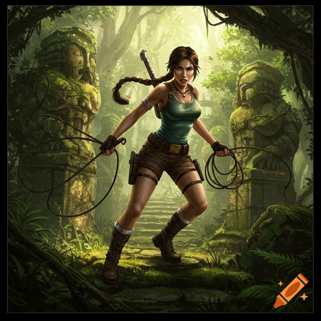 Lara Croft in a teal top and brown shorts, holding a whip in an ancient jungle ruin with mossy statues, digital art.