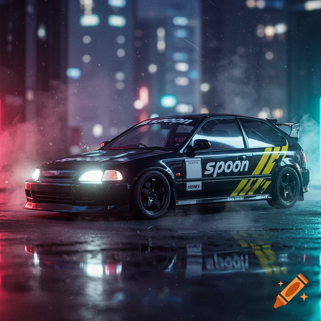 A black racing car with 'spoon' livery and yellow stripes parked on a wet street at night in a neon-lit city.