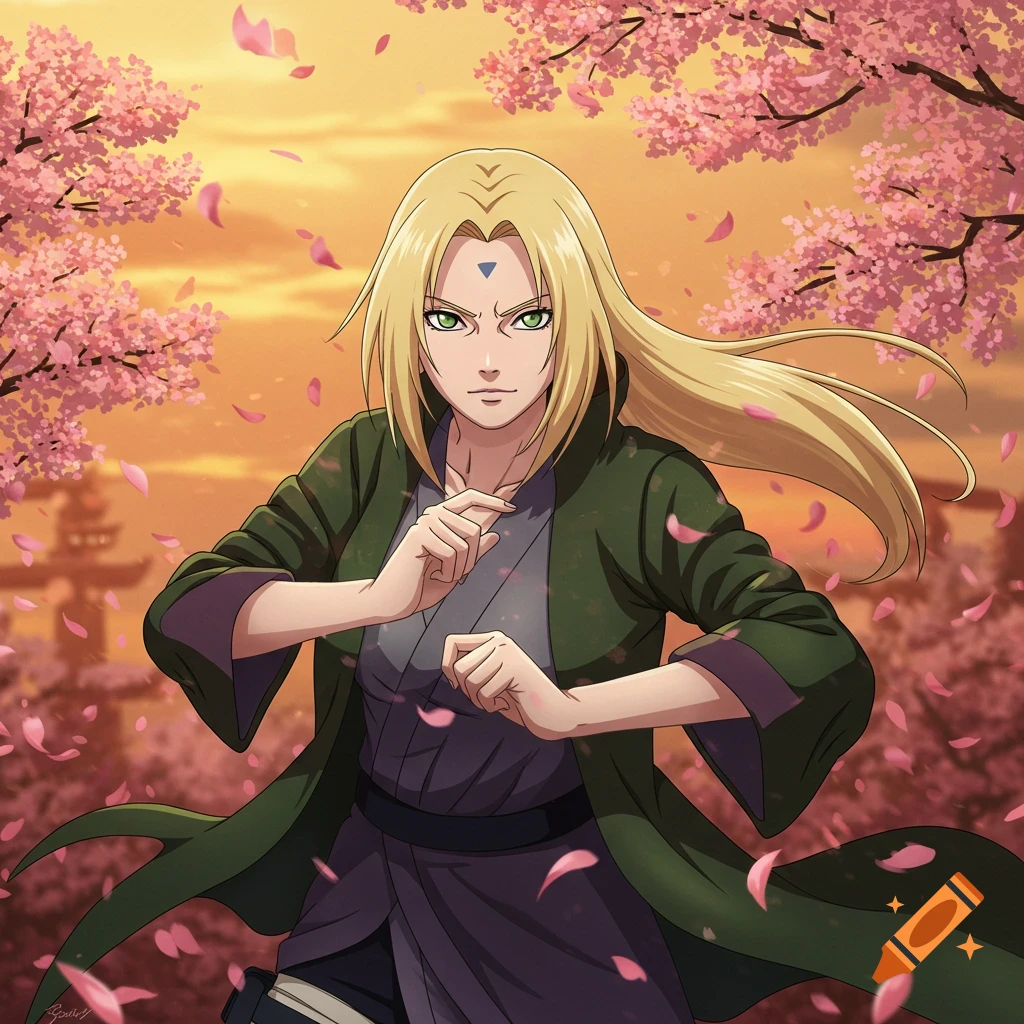Anime illustration of Tsunade Senju with blonde hair and purple forehead mark, in a fighting stance surrounded by cherry blossoms at sunset.