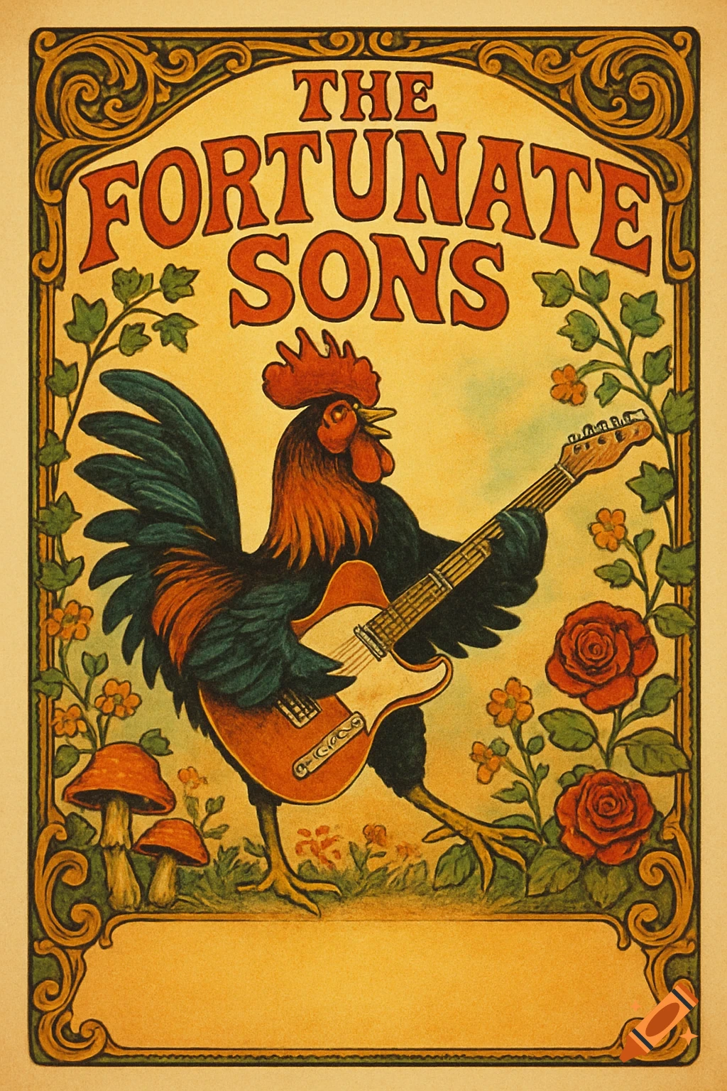 A vintage-style gig poster for 'The Fortunate Sons' featuring a large rooster playing an electric guitar, surrounded by a decorative border with leaves, mushrooms, and roses.