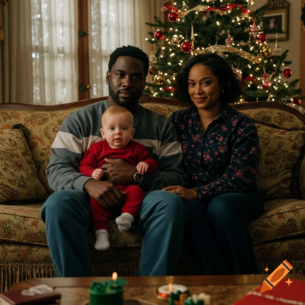 A Black family, a man, woman, and baby in red pajamas, sit on a patterned couch in front of a decorated Christmas tree. Photorealistic.