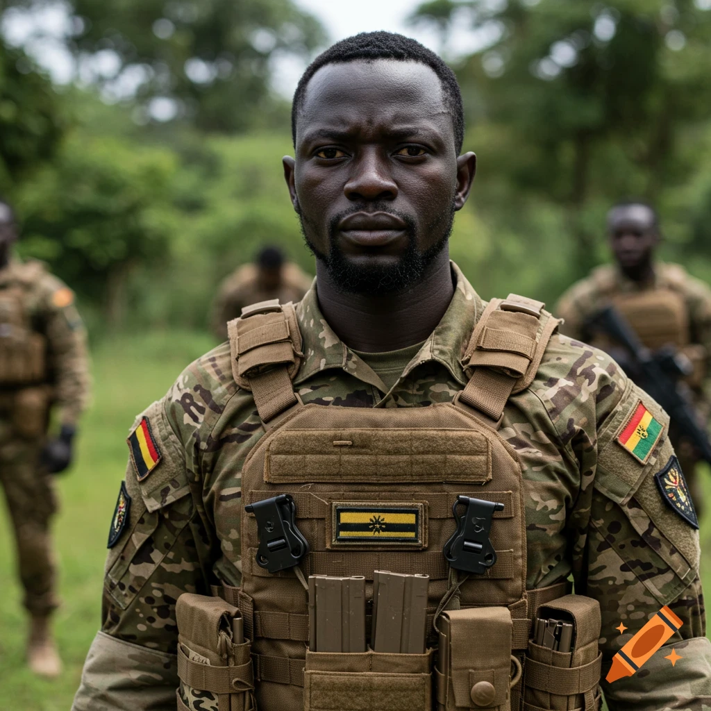 A photorealistic close-up portrait of an African man in camouflage military gear and tactical vest, with other soldiers blurred in a green outdoor background.