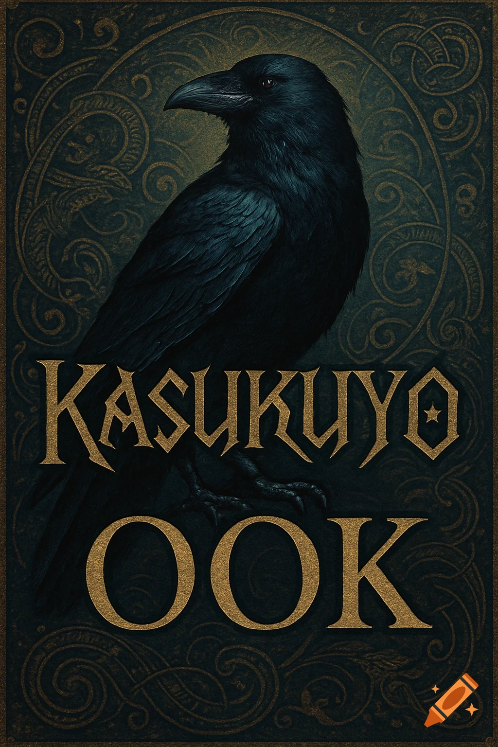 A majestic black raven with red eyes on a dark teal background adorned with golden Celtic knot patterns, with gold stylized text 'KASUKUYO OOK' below it.