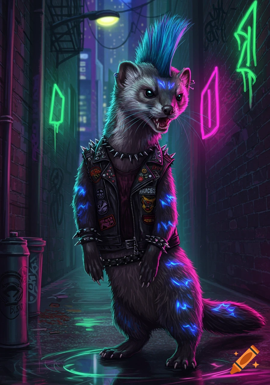 A punk weasel with a blue mohawk and studded leather jacket stands in a neon-lit alley at night.