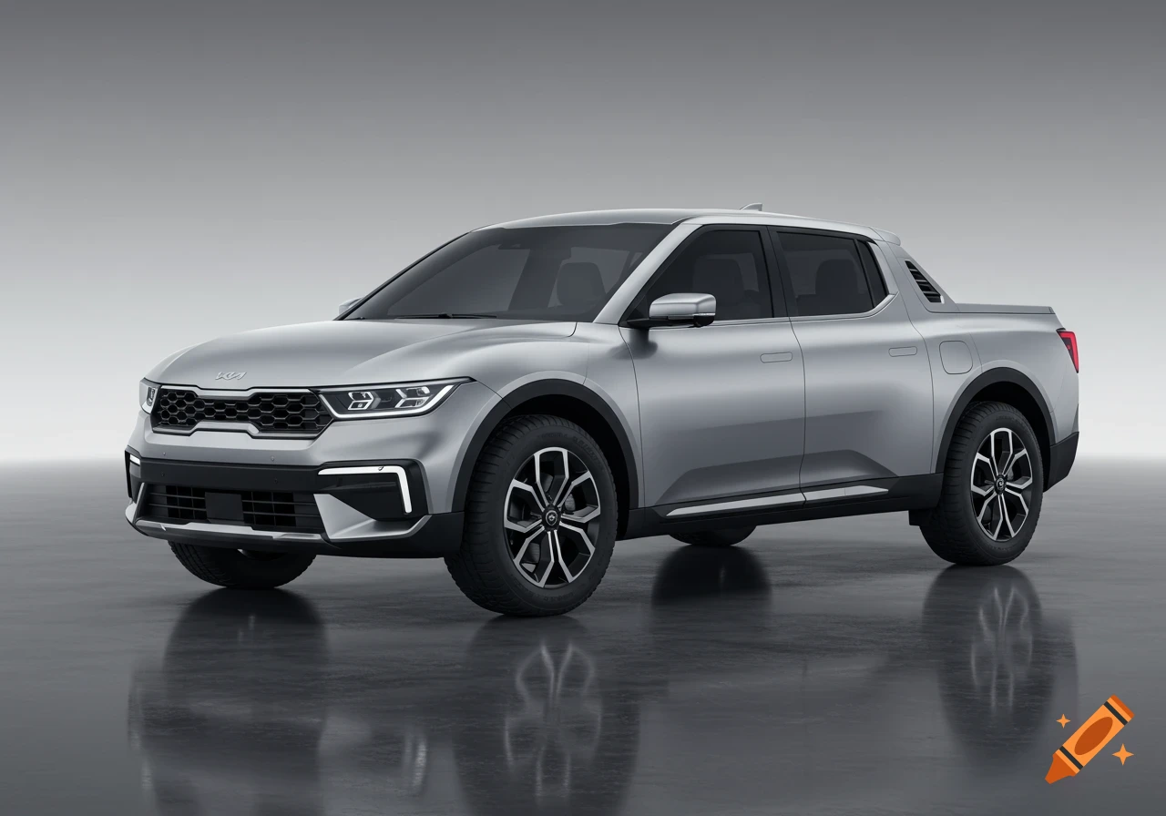 Photorealistic rendering of a silver Kia pickup truck concept with black trim and multi-spoke wheels on a grey studio background.