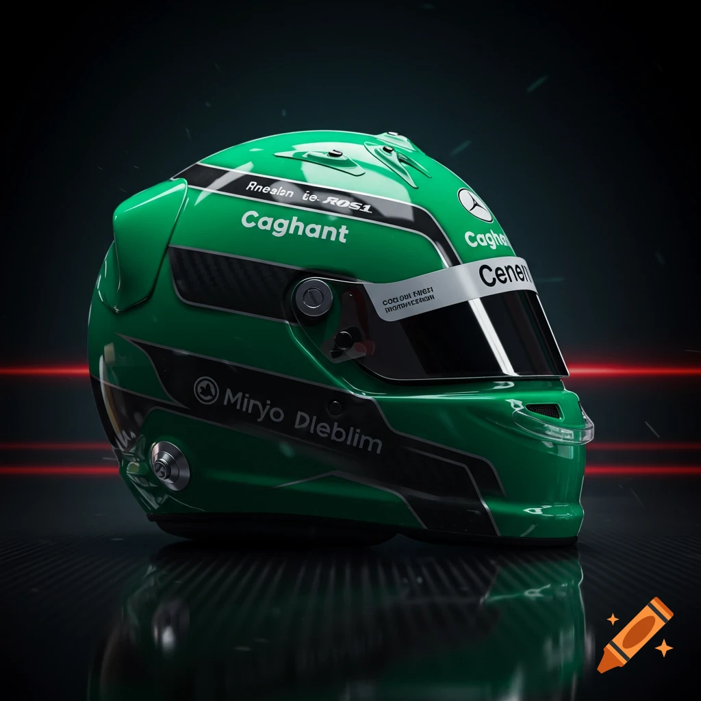 A green and black F1 racing helmet with reflections on a dark background.