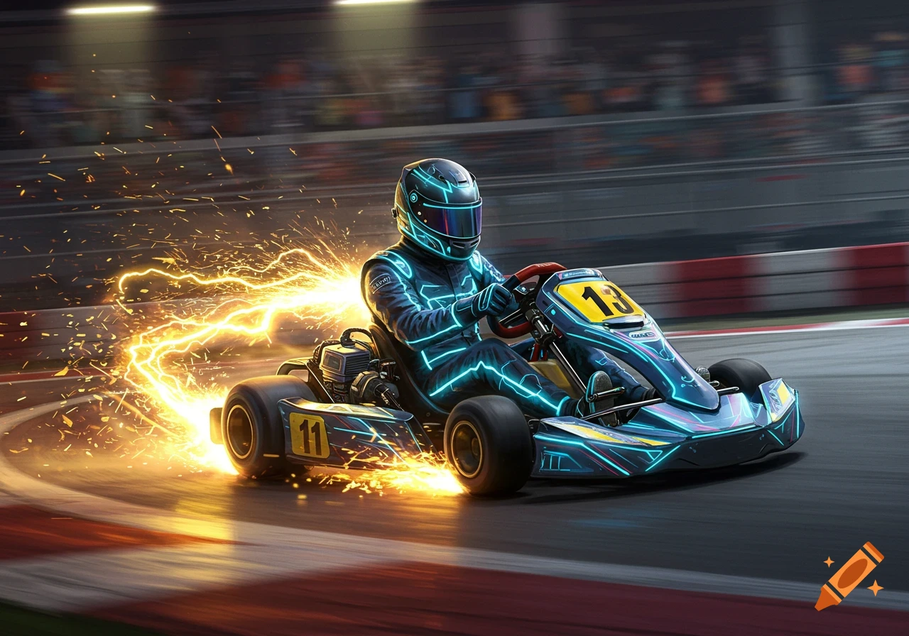 A go-kart racer in a glowing suit drives a futuristic kart with electric sparks trailing on a racetrack.