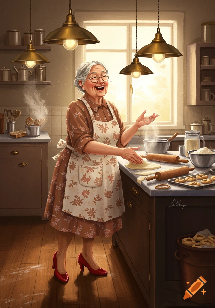 An old lady in an apron and red heels joyfully bakes in a cozy kitchen, rolling dough with a large smile, in an illustrative style.