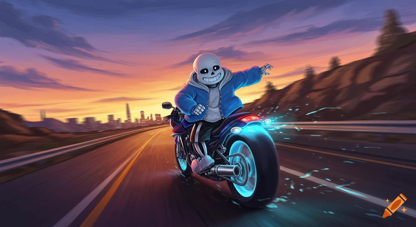 Sans the skeleton rides a blue motorcycle on a highway at high speed, with a distant cityscape under a vibrant sunset.