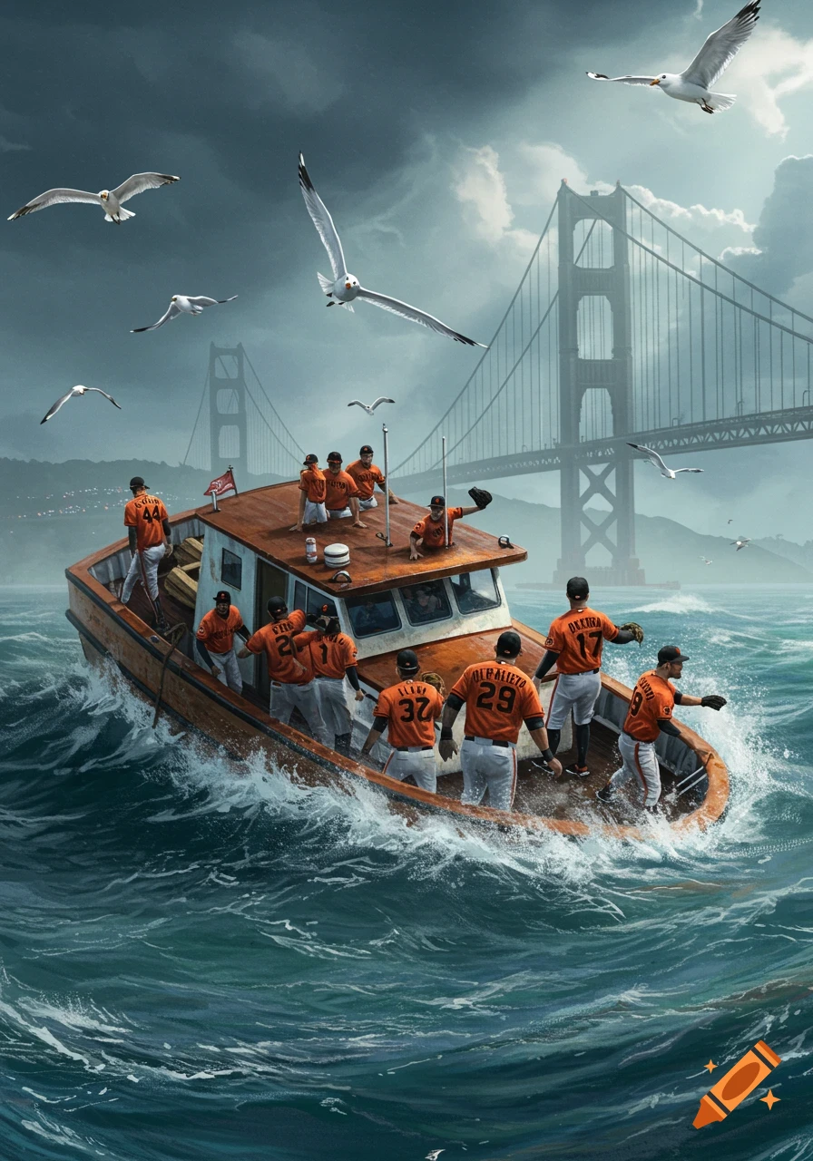 Baseball players in orange and white uniforms on a wooden boat in stormy waters with the Golden Gate Bridge and seagulls in the background.
