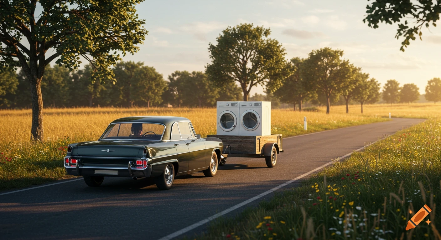 A dark vintage car tows a trailer carrying two washing machines down a country road at sunset, surrounded by golden fields and trees.