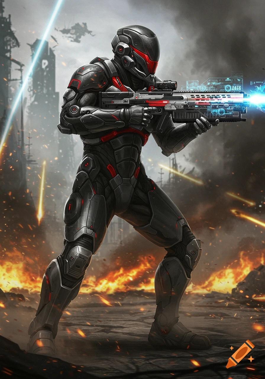 A futuristic soldier in black and red armor aims a glowing rifle amidst explosions and debris in a destroyed city.