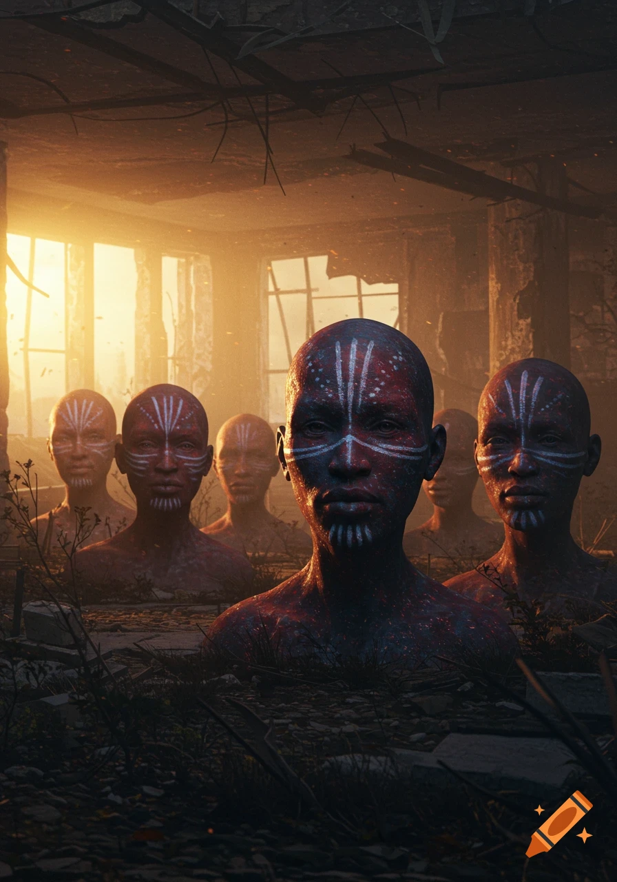 Photorealistic image of several people with white and red tribal markings on their faces and bodies, emerging from debris in a post-apocalyptic, sunlit ruined building.