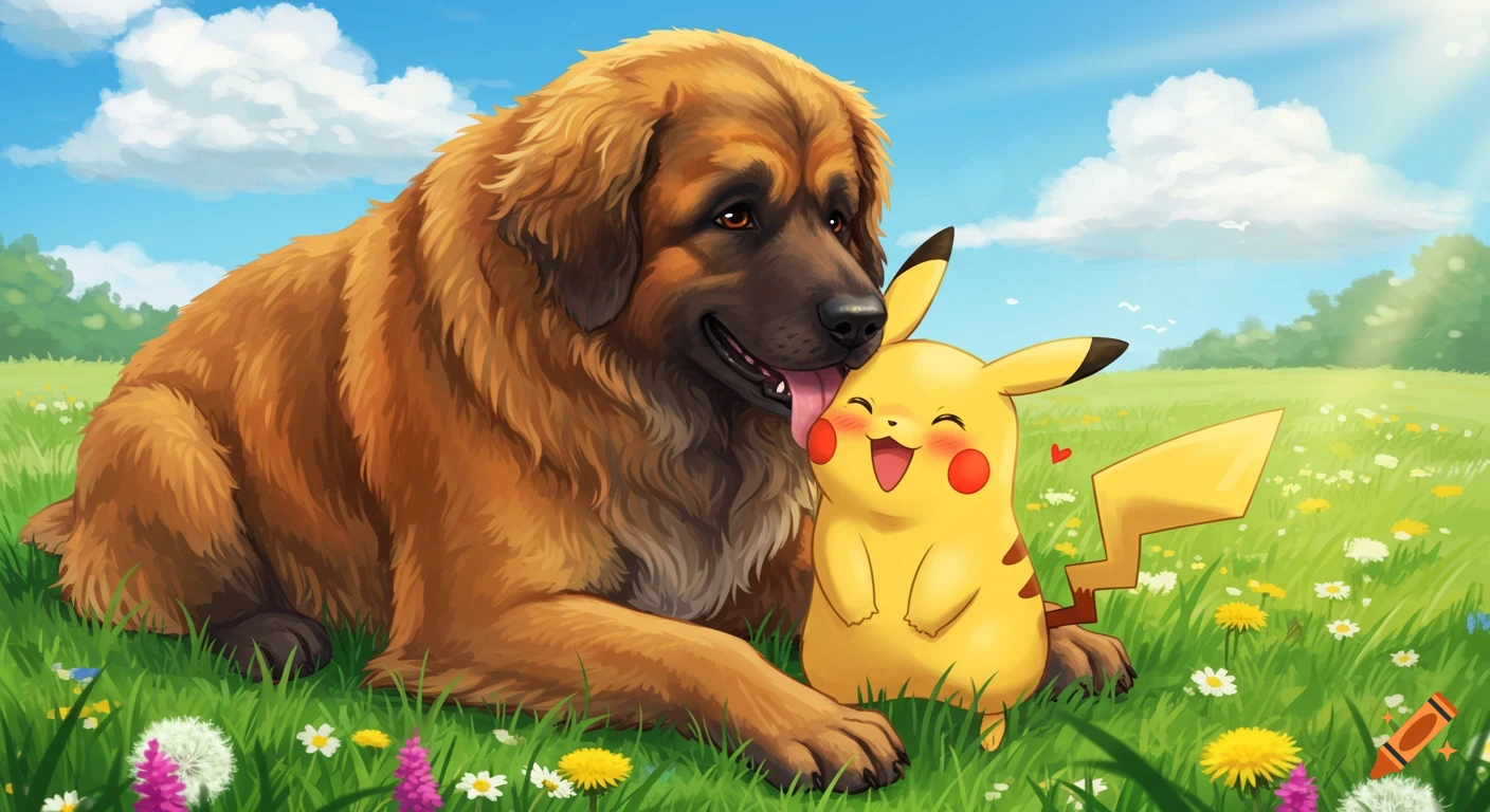 A large brown Leonberger dog licking a happy yellow Pikachu in a sunny green field with flowers and a blue sky.