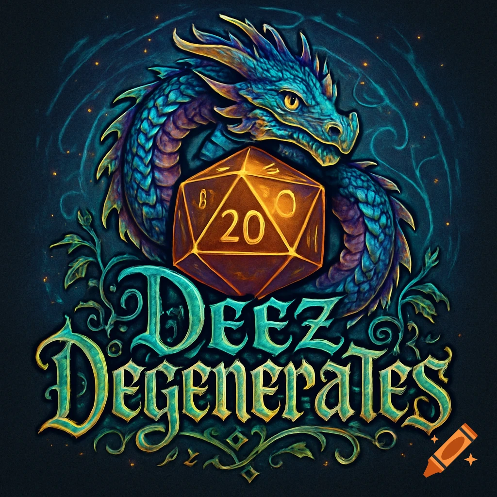 Stylized illustration of a blue and gold dragon wrapped around an orange D20 dice, with the words "Deez Degenerates" below.