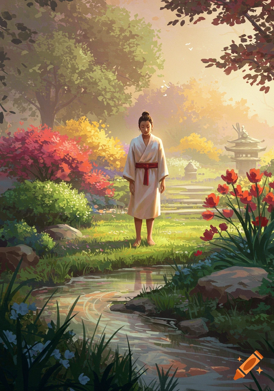 An illustration of a person in a white robe standing barefoot in a vibrant, colorful Japanese garden with a stream and a pagoda in the background.
