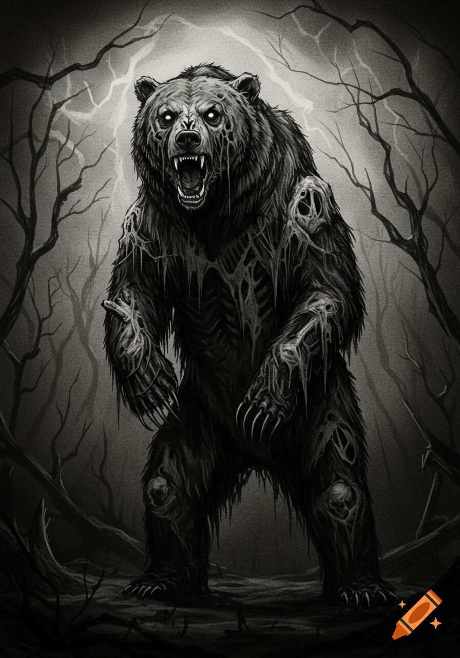 A creepy charcoal sketch of a zombie bear with glowing eyes and tattered fur standing in a dark forest with bare trees.