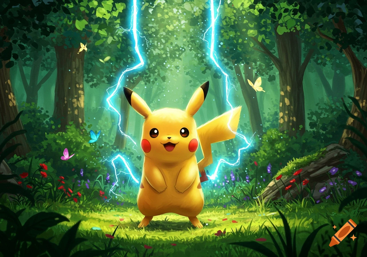 A cheerful Pikachu stands in a vibrant green forest with blue lightning striking around it, in a digital art style.