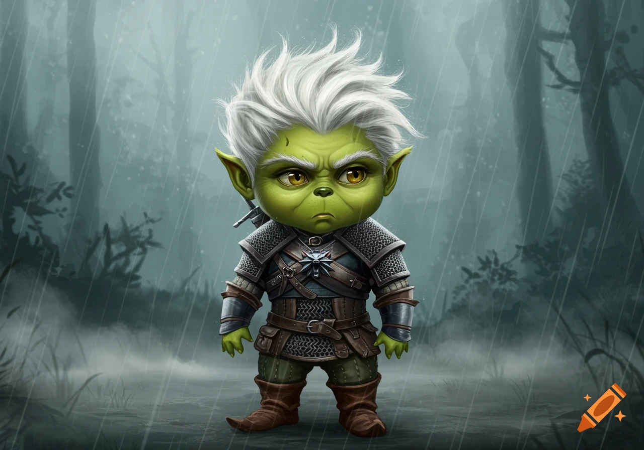A chibi green goblin-like creature with white hair and gold eyes wears Witcher armor and medallion in the rain.
