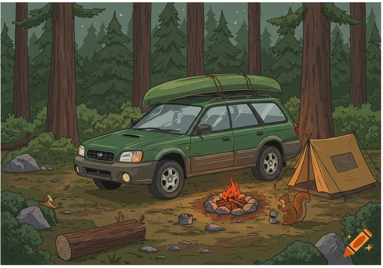 Cartoon illustration of a green Subaru Outback with a canoe on its roof, parked in a forest camping scene with a tent, campfire, and squirrel.