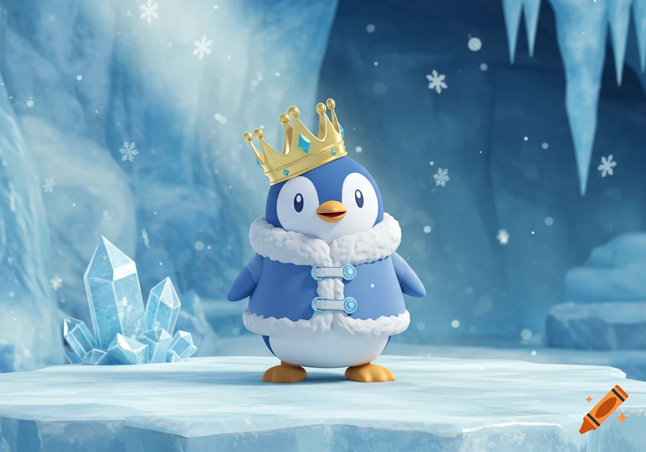 A cute cartoon penguin wearing a blue coat and a gold crown stands on ice with crystals and snowflakes in a Nintendo art style.