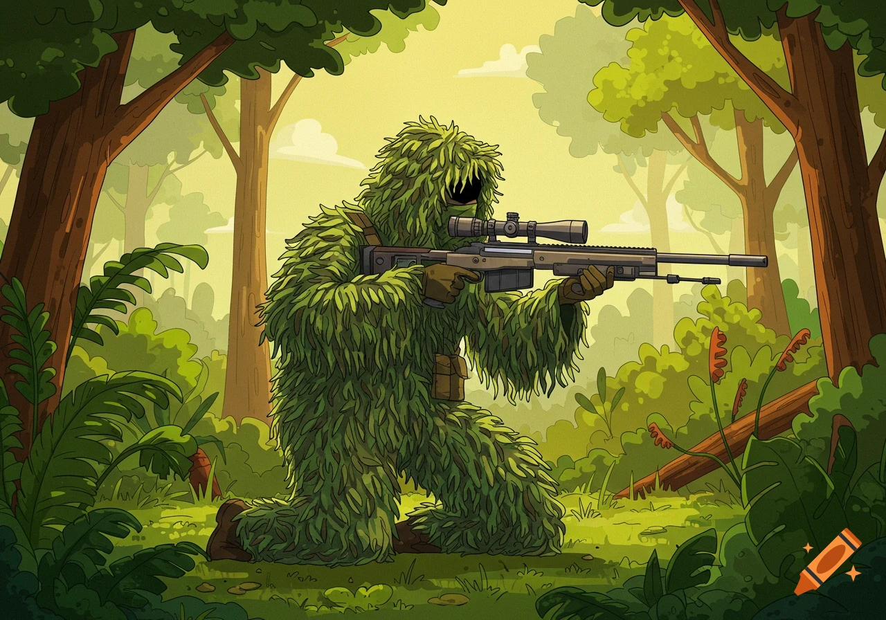 A cartoon sniper in a ghillie suit kneels in a forest, holding an AWM sniper rifle.