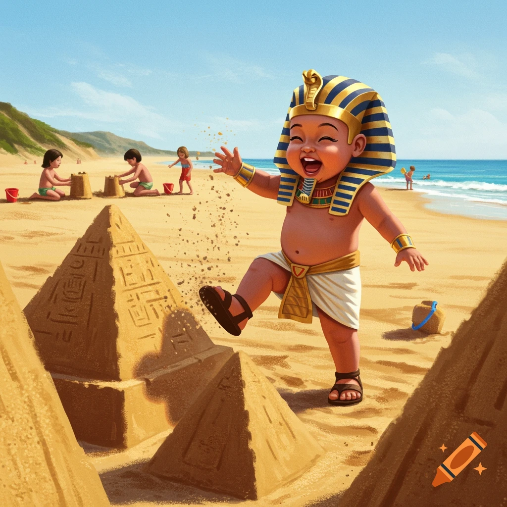 A joyful toddler dressed as a pharaoh stomps on sandcastles on a sunny beach, with other children playing in the background.