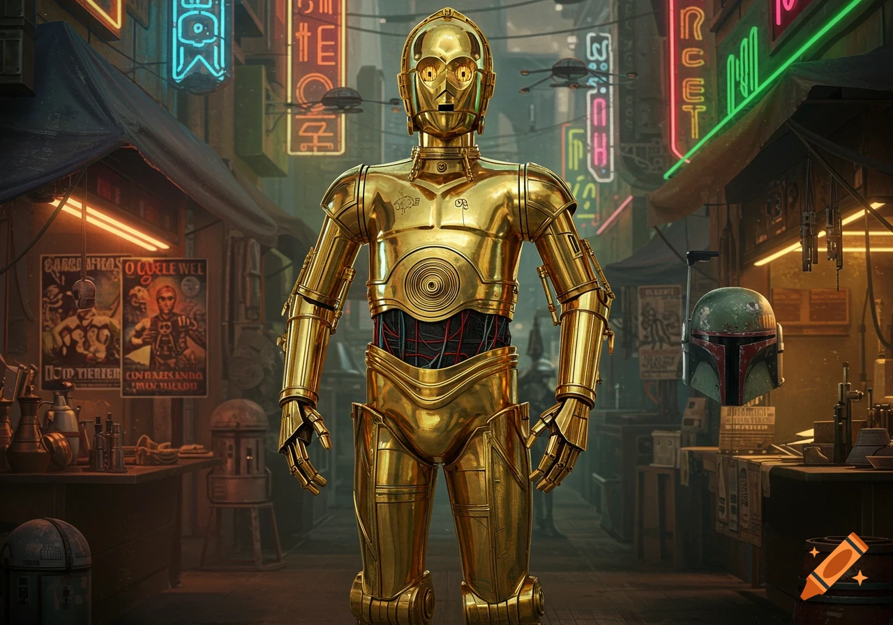 A buff, golden C-3PO-like robot stands in a neon-lit, futuristic marketplace with a Boba Fett helmet on a table.