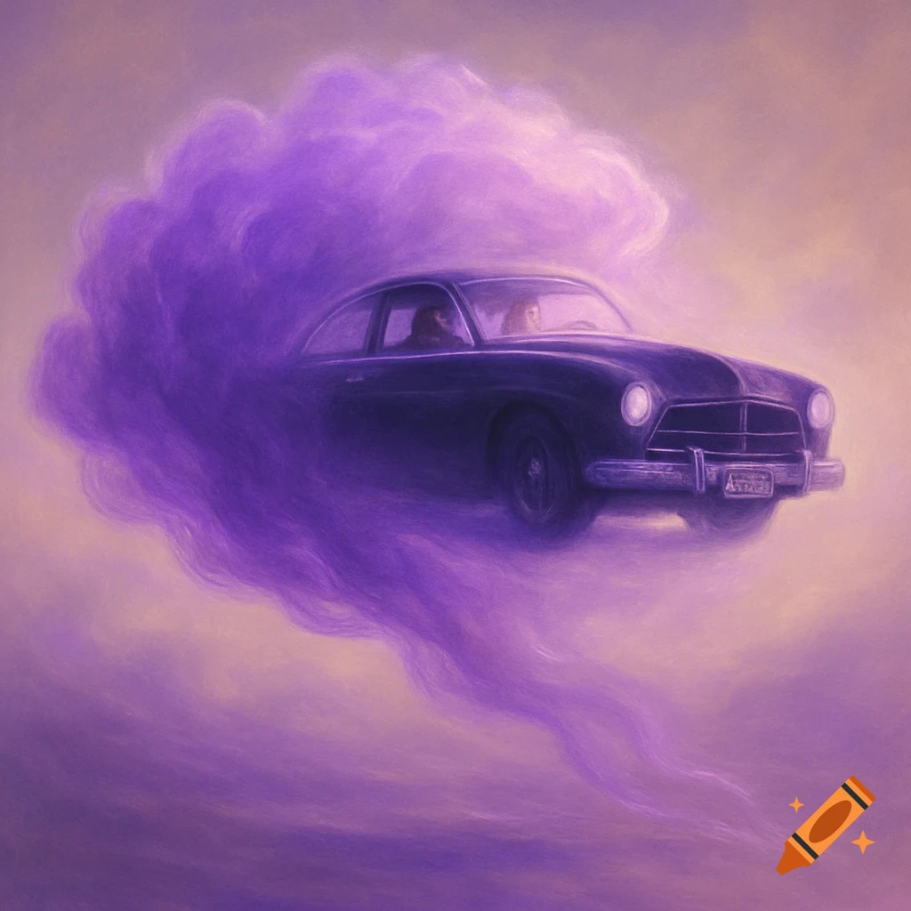 A dark vintage car floats within a large cloud of purple smoke, with two people inside, against a light-colored sky in a painterly style.