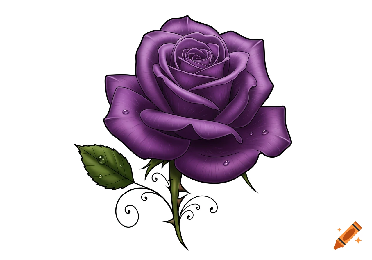 A vibrant purple rose illustration with a green leaf, thorny stem, and delicate swirls, adorned with water droplets.