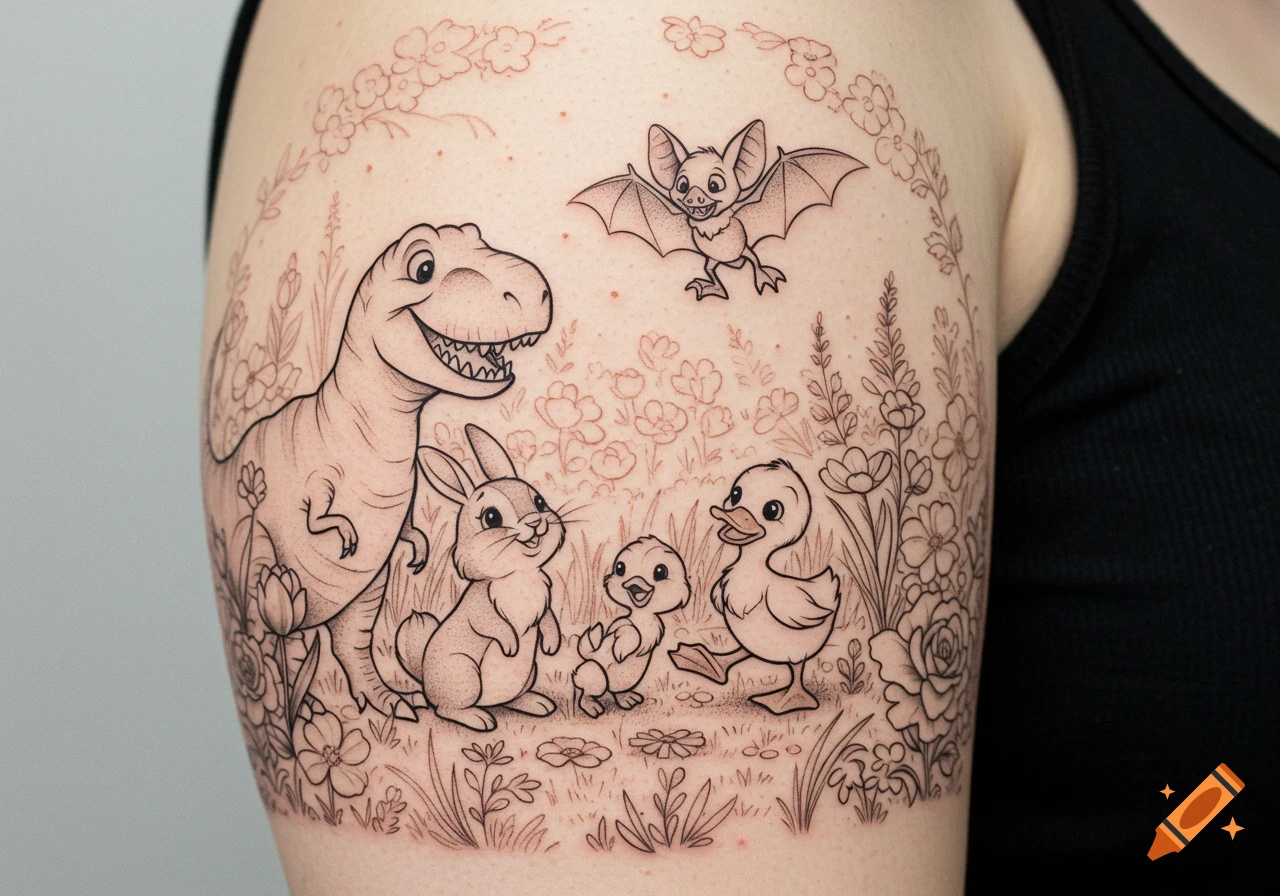 A black and white line art tattoo on an arm, featuring a smiling T-Rex, a bunny, two ducklings, and a flying bat amidst flowers.