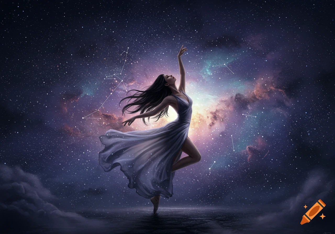 Illustrated woman in a flowing dress dancing gracefully under a starry galaxy sky.