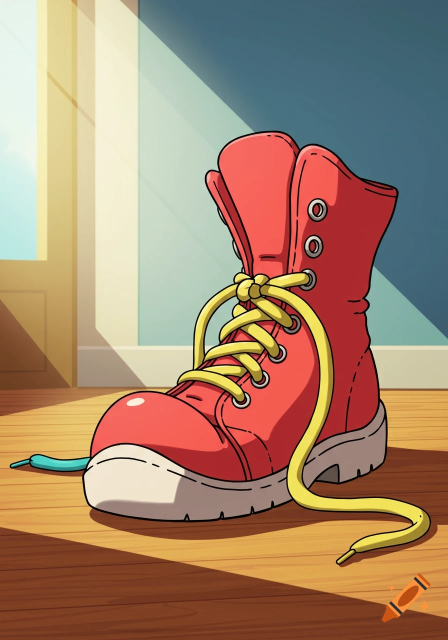 Cartoon red boot with untied yellow laces on a wooden floor with sunlight streaming in.