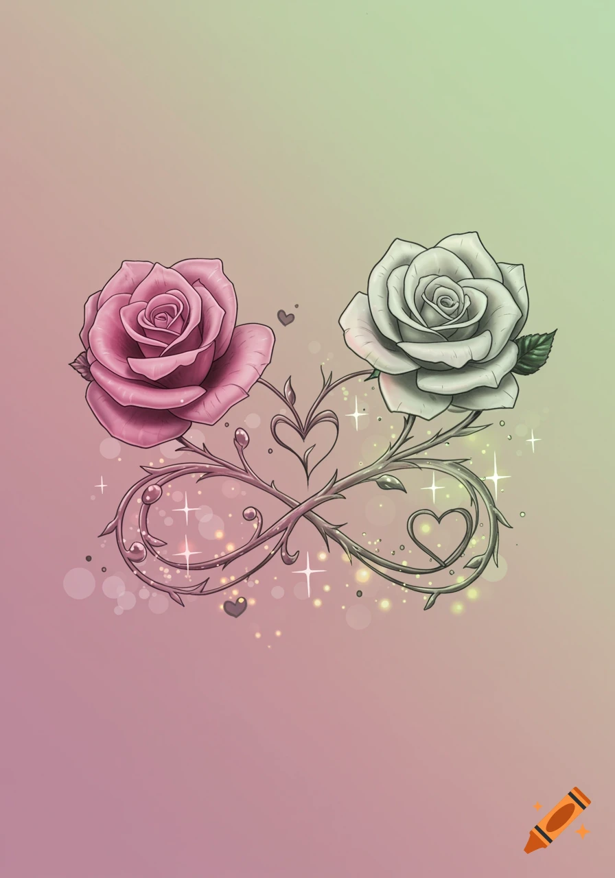 A pink rose and a white rose connected by a stylized infinity symbol with hearts and sparkling effects, on a pink and green gradient background.