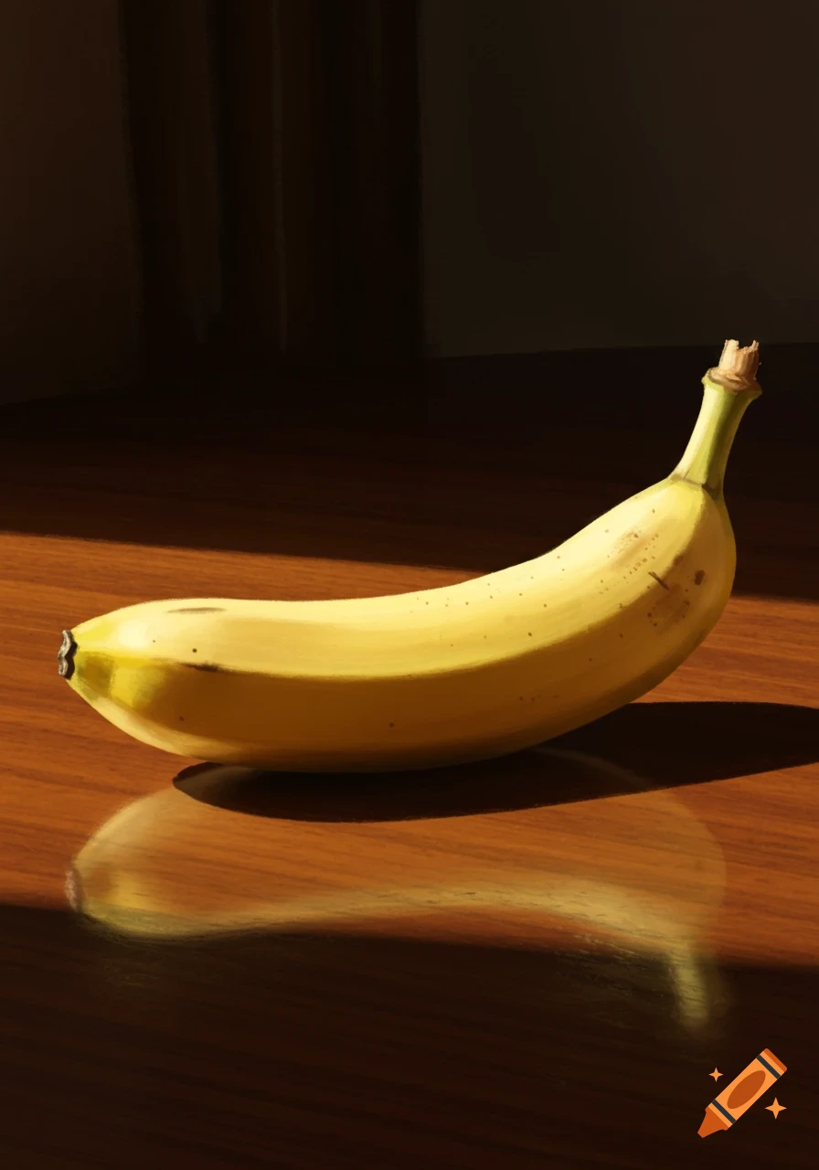 A ripe yellow banana illuminated by natural light on a polished wooden surface, with a soft reflection.