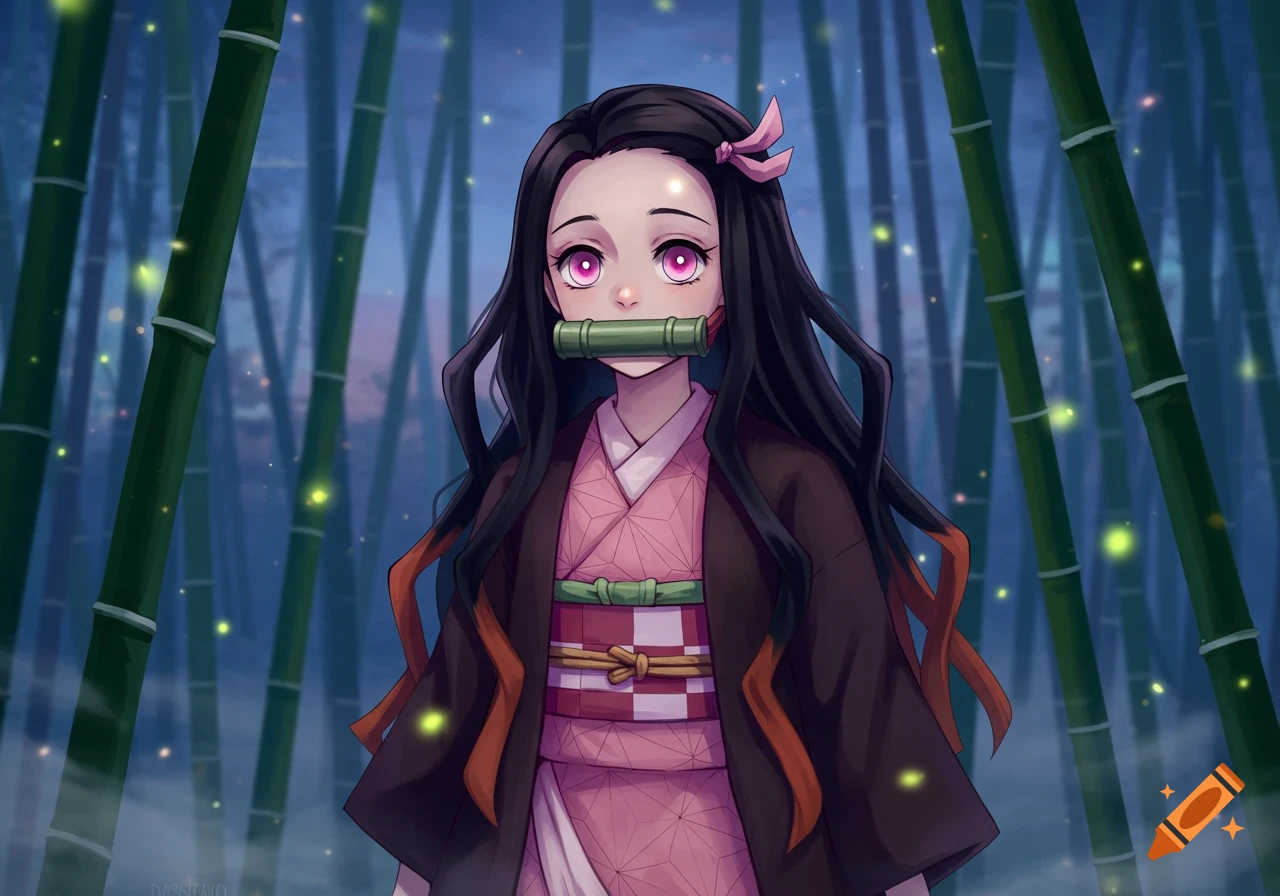 An anime girl with long dark hair and pink eyes, wearing a kimono and a bamboo muzzle, stands in a mystical bamboo forest with fireflies.