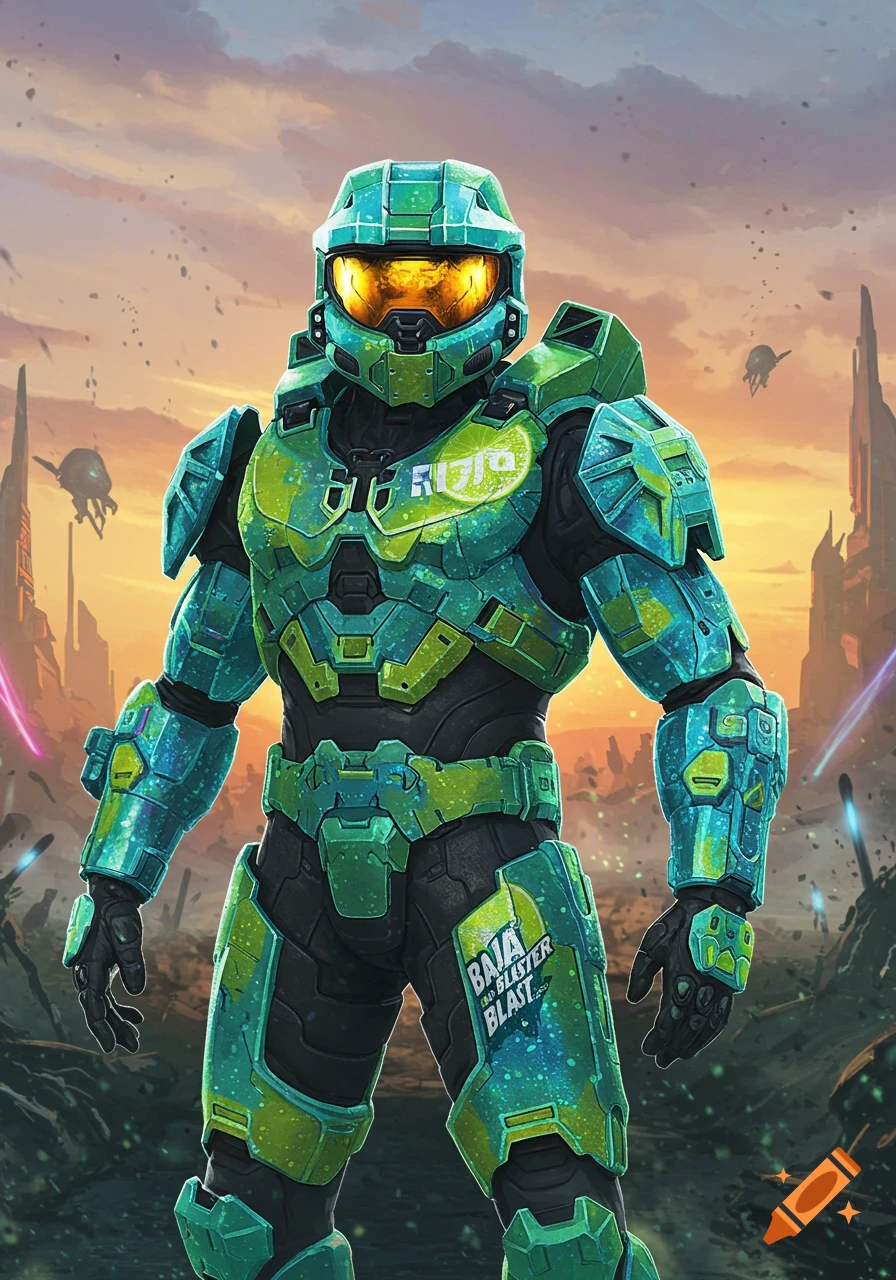 A full-body illustration of Master Chief from Halo, wearing teal and lime green armor splattered with a liquid effect, holding a serious pose against a futuristic sunset city background with flying vehicles.