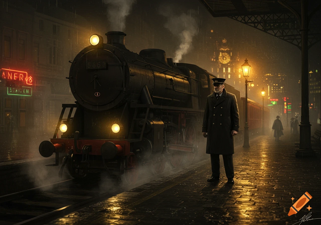 A stoic train conductor stands on a dark, rainy platform next to a steaming black locomotive at night, illuminated by station lamps and neon signs.