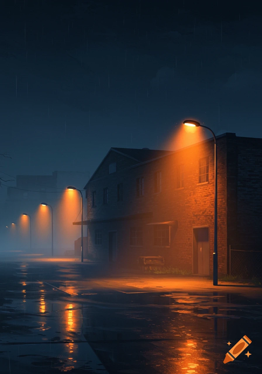 Rainy night scene with orange streetlights illuminating a wet road leading past a brick warehouse in the fog.