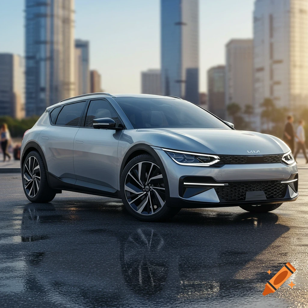 A modern silver Kia electric SUV parked on a wet city street with blurred urban buildings at sunset.