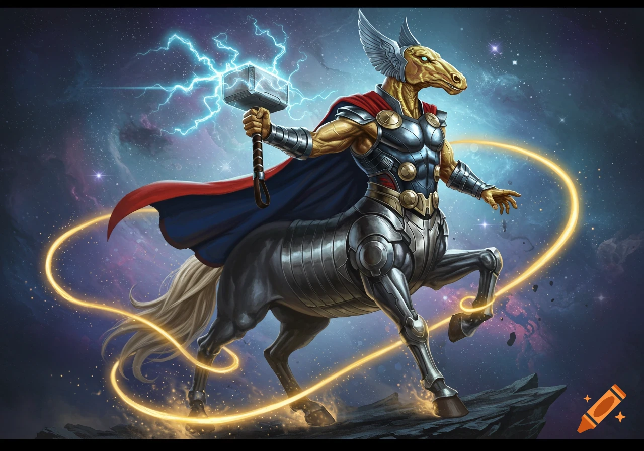 A powerful centaur with a horse head, wearing armored superhero attire, holds a lightning-charged hammer against a cosmic background.
