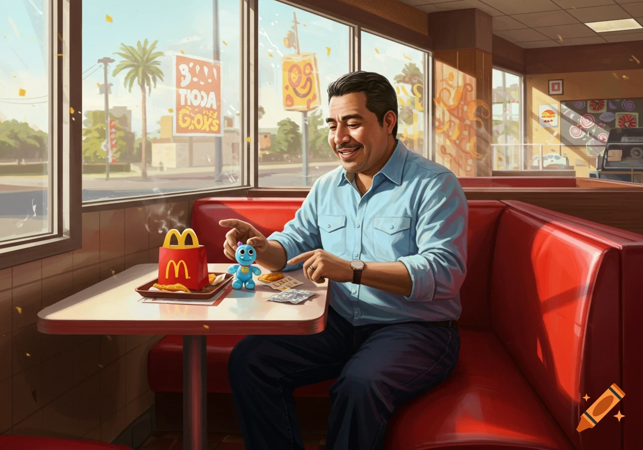 A smiling man sits in a red booth at a fast-food restaurant, pointing at a blue toy next to a McDonald's Happy Meal.